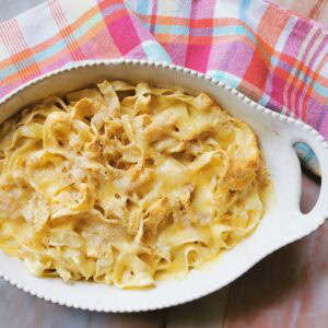 Oven baked tagliatelle pasta with Fontina.