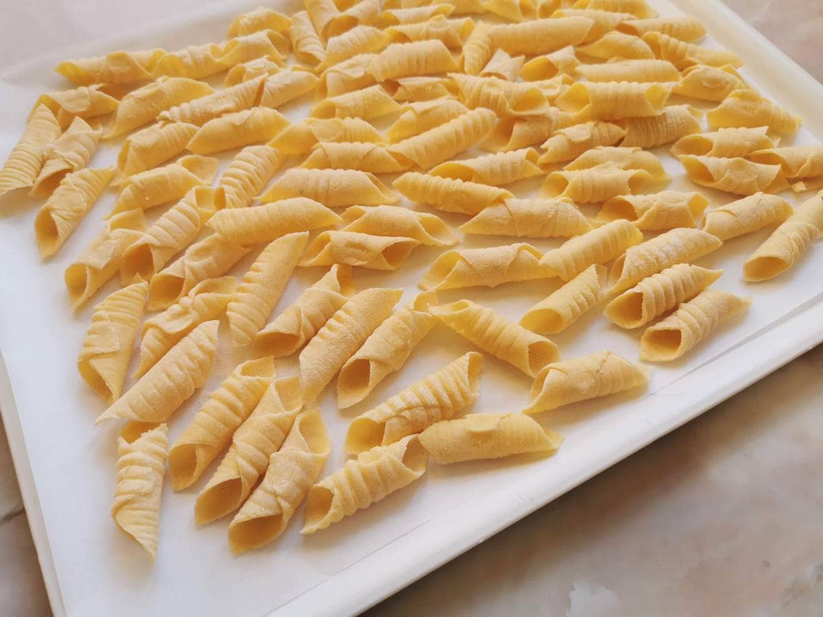 Homemade garganelli pasta.