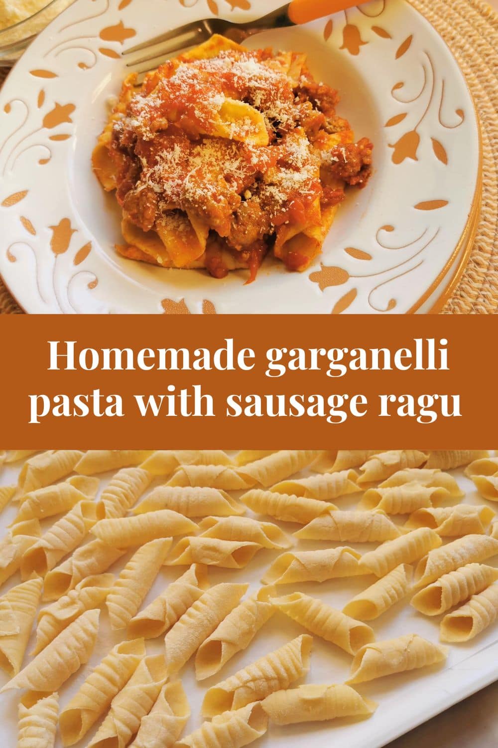 Pinterest image with text for homemade garganelli pasta with sausage ragu.