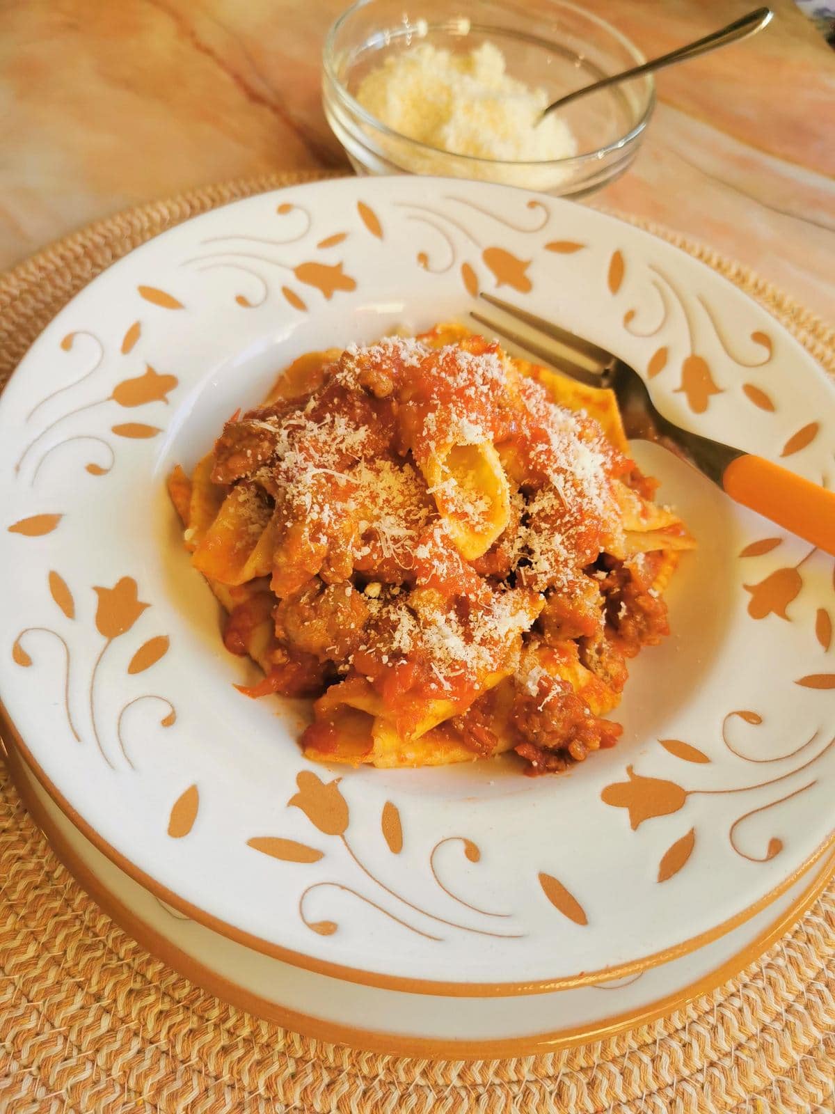 Homemade garganelli pasta with sausage ragu.