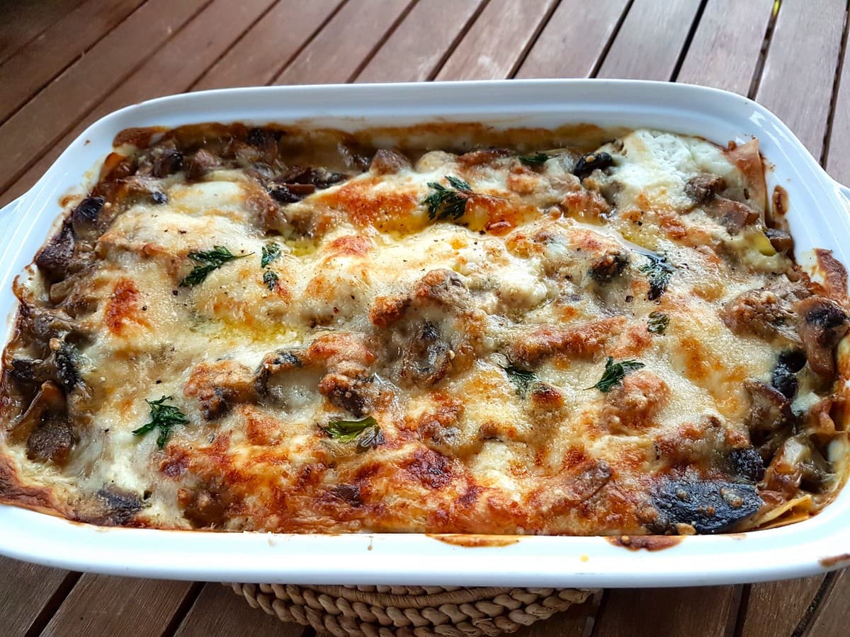 Lasagna bianca with mushrooms and burrata.