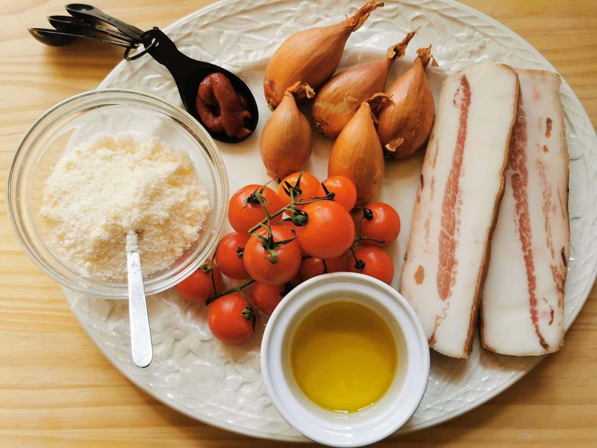 Ingredients for rigatoni pasta with shallots and guanciale on white plate.