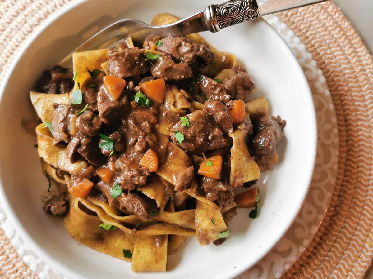 Pappardelle with braised hare ragu with chocolate.