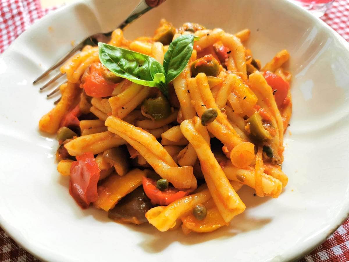 Vegan casarecce pasta caponata recipe from Sicily.