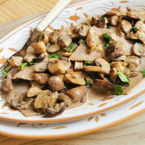 Chestnut maltagliati pasta with mushrooms.