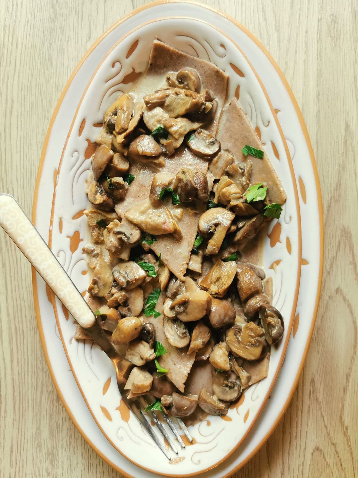 Chestnut pasta with creamy mushroom sauce.