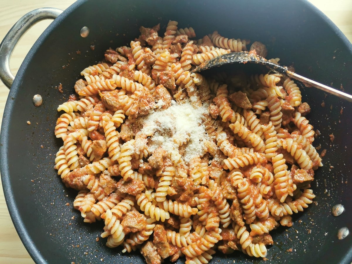 Pasta and Pecorino added to the lamb ragu.