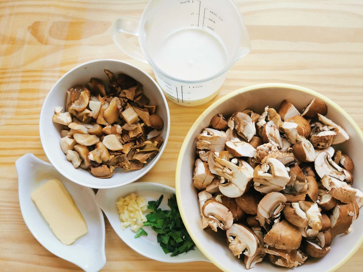 Mushrooms and other ingredients prepared for mushroom sauce.