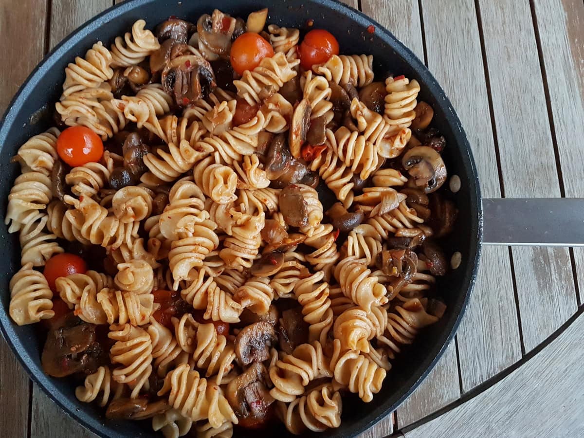 Whole wheat pasta with nduja and mushrooms.