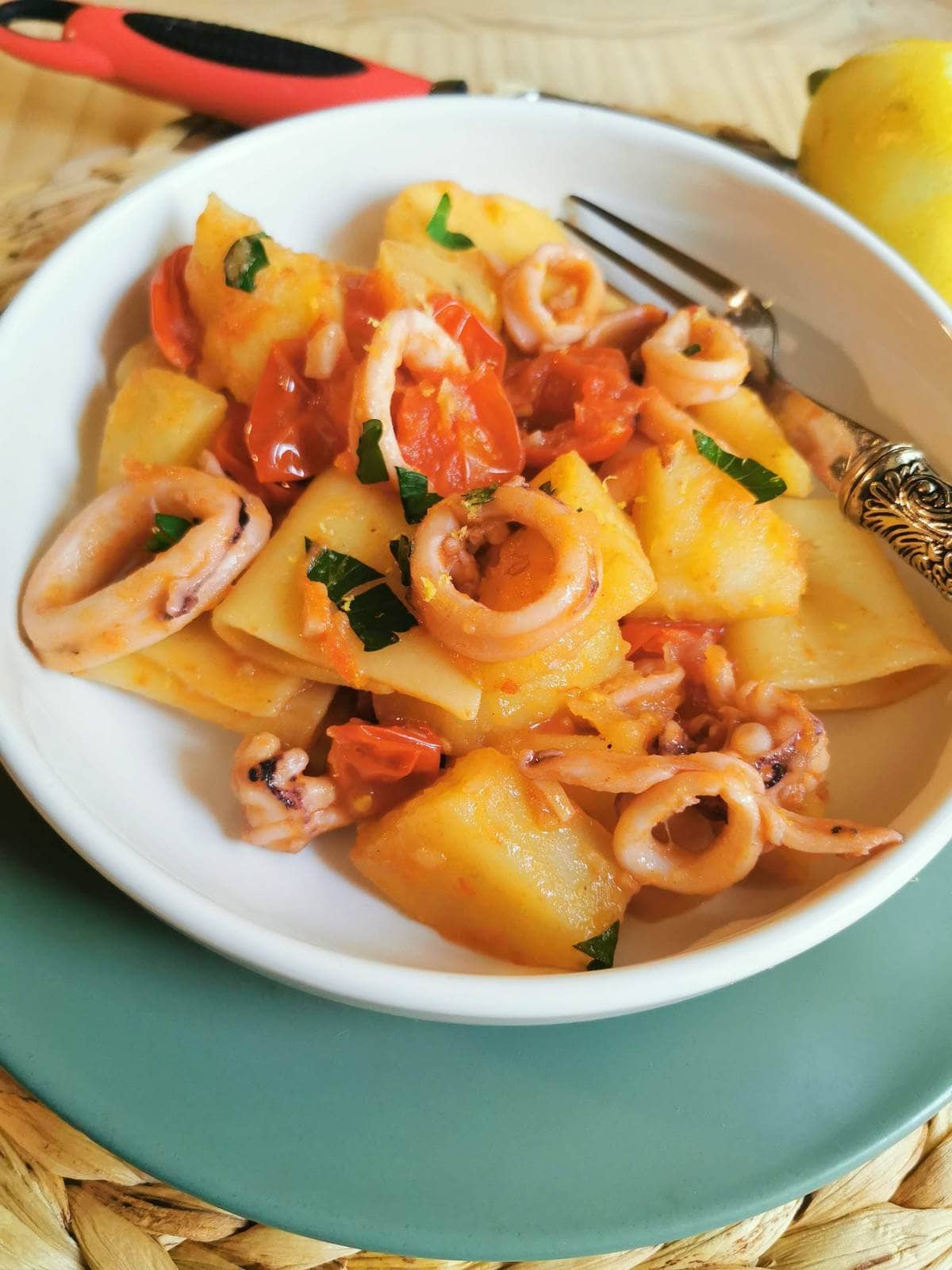 Paccheri pasta with calamari and potatoes.