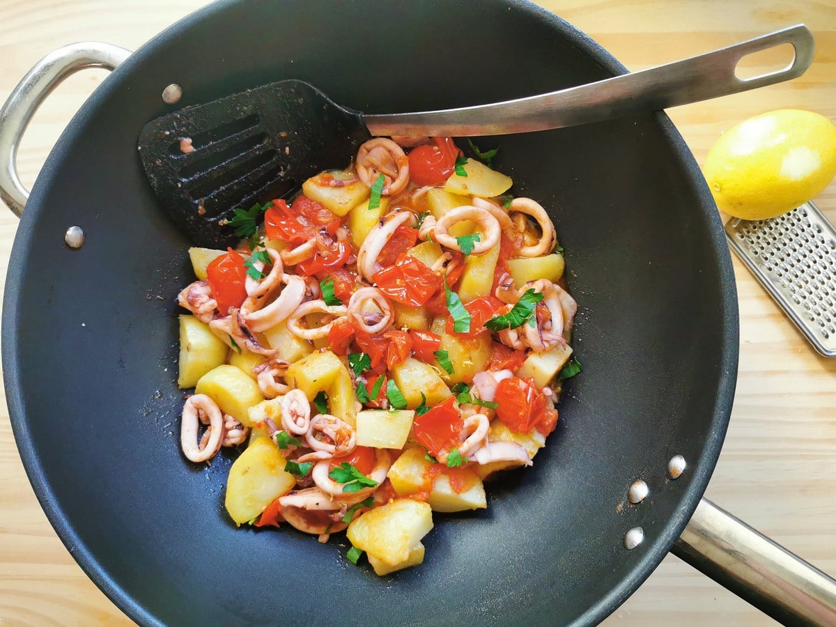 Calamari pasta sauce in a pan.