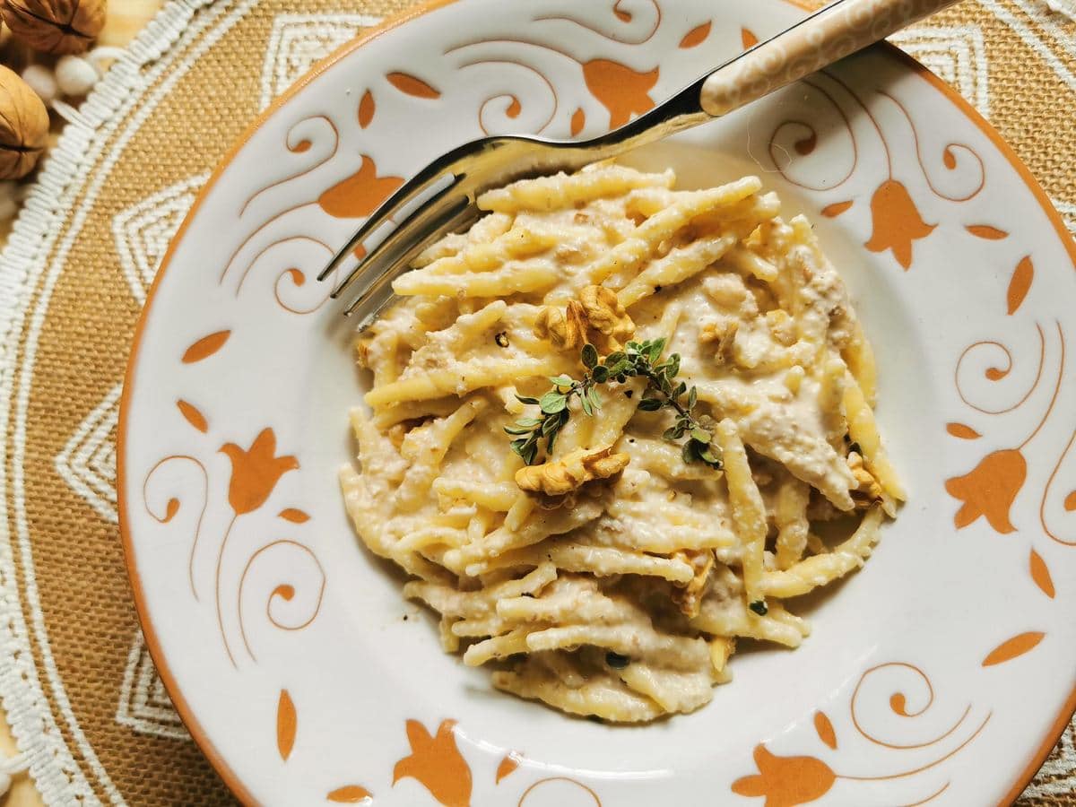 Trofie pasta with walnut sauce.